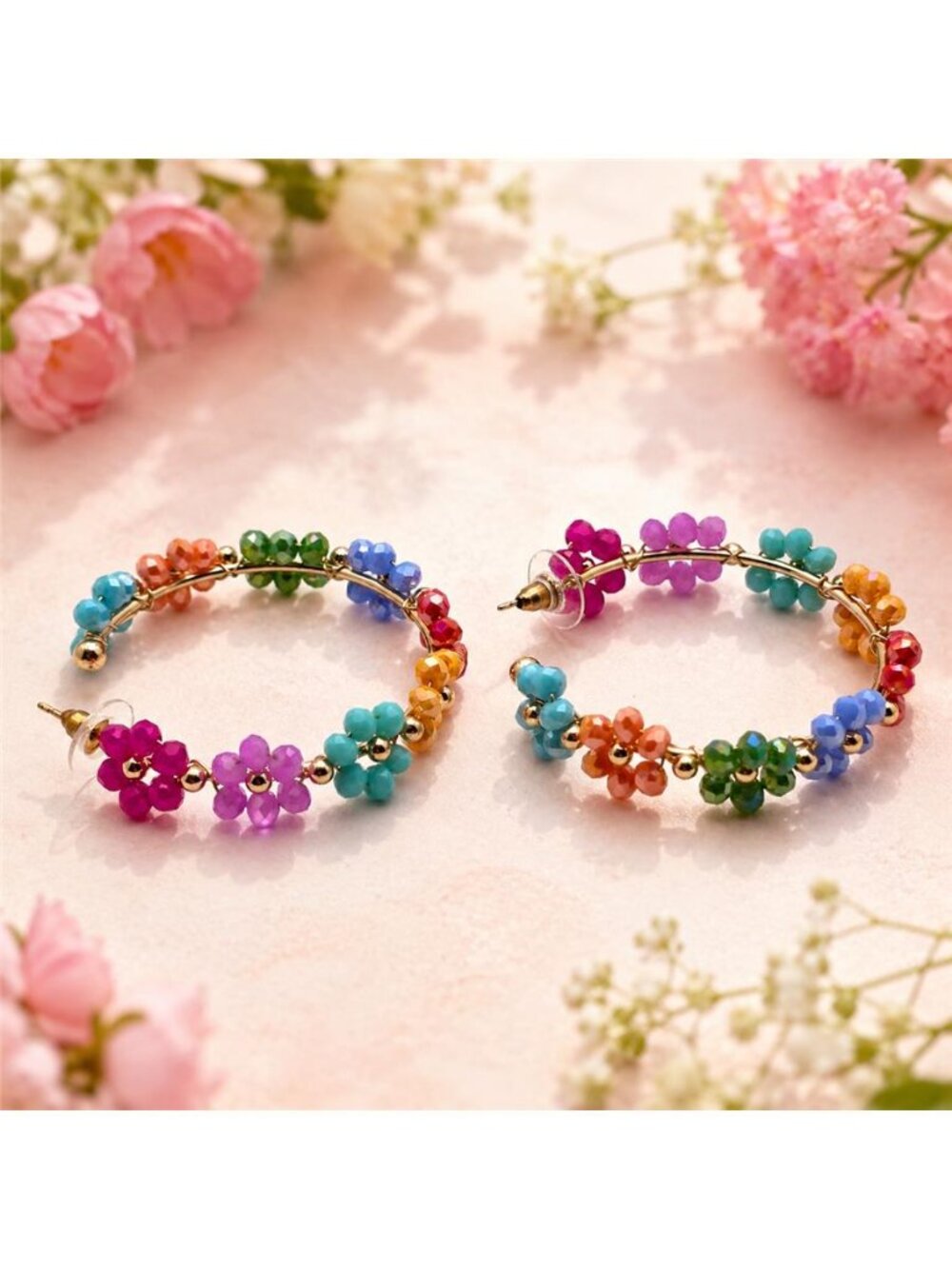 Rainbow Glass Bead Flower Hoop Earrings Gold Tone 2 In Colorful Statement